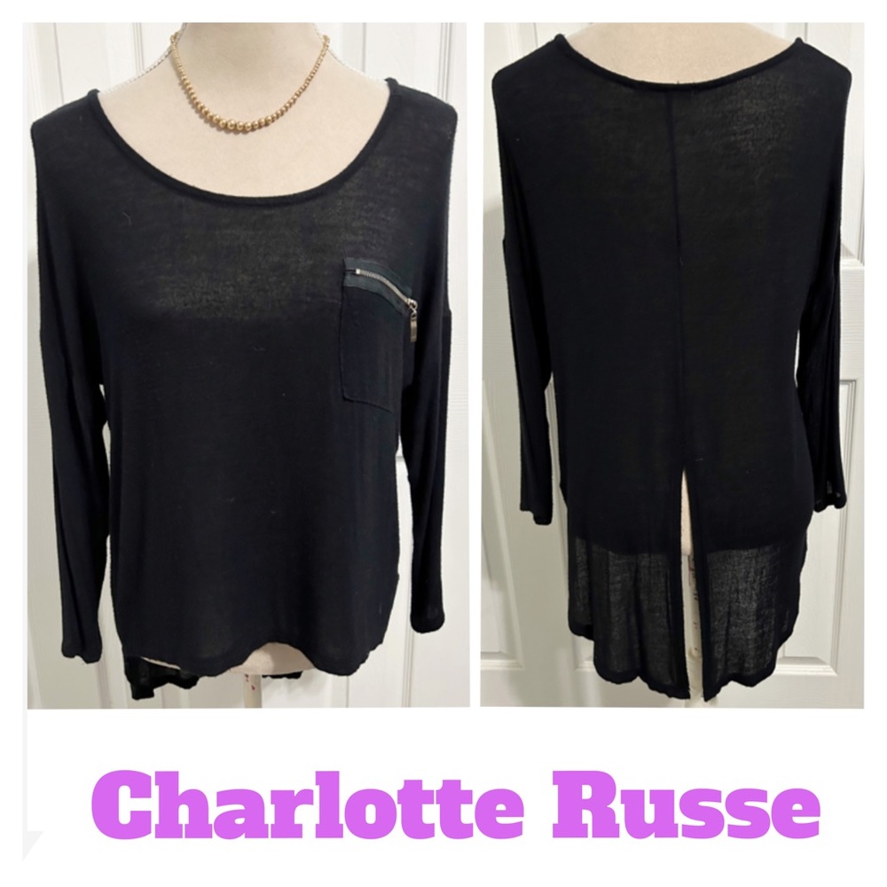 Charlotte Russe, Semi Sheer Hi-Low Hem, Black Knit Top